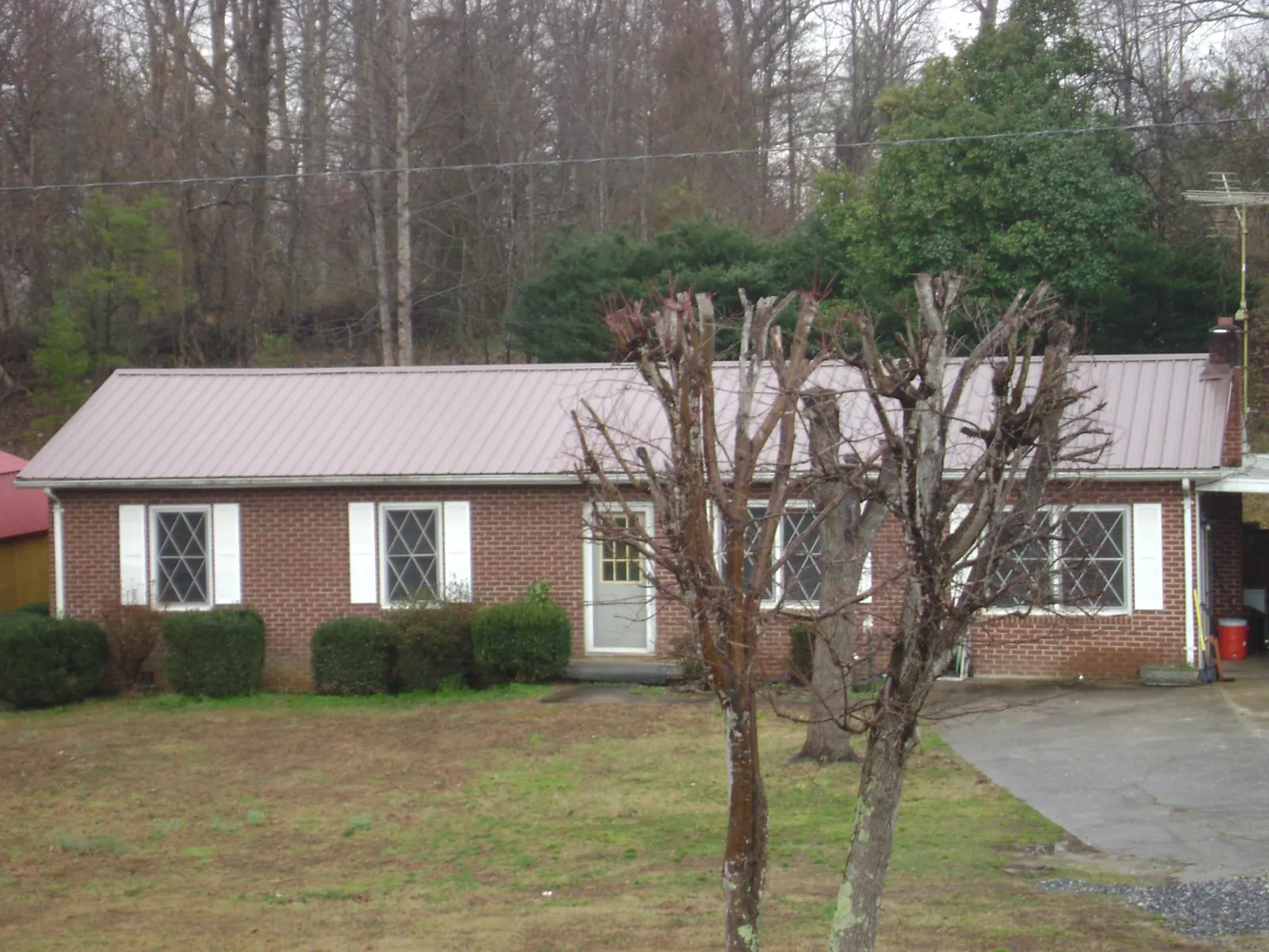 Mauve metal roof on a brick ranch home behind bare trees in Lyon Station